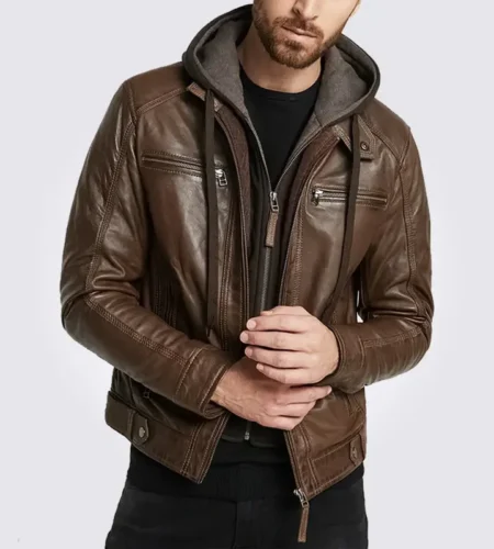 Eric Dark Brown Hooded Motorcycle Leather Jacket