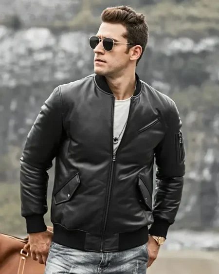 Austin Men’s Black Bomber Real Lambskin Leather Jacket