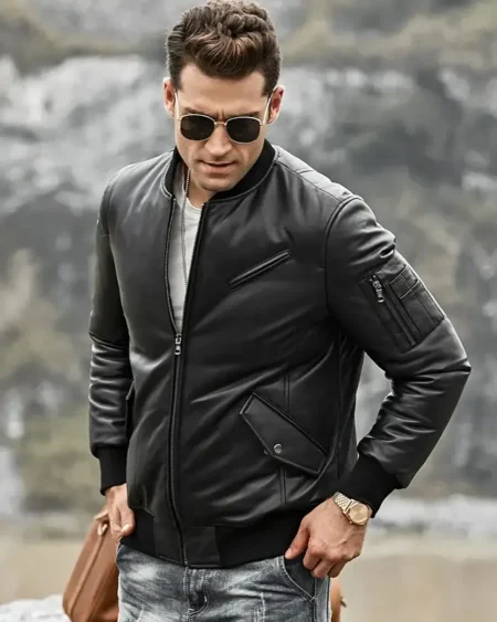 Austin Men’s Black Bomber Real Lambskin Leather Jackets