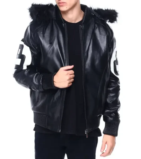 Black 8 Ball Real Leather Zipper Hooded Jacket For Men