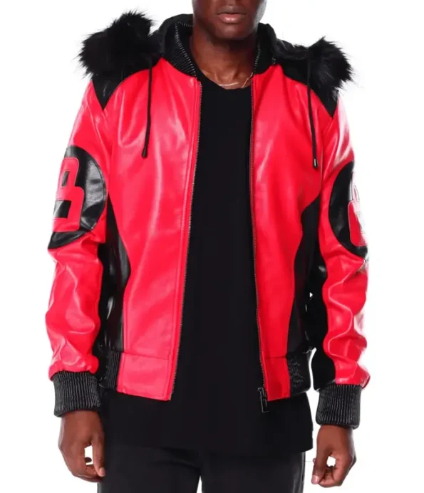 Black Red 8 Ball Hooded Real Leather Jacket For Men