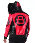 Black Red 8 Ball Hooded Real Leather Jacket For Men