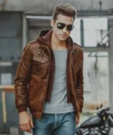 Brown Leather Moto Jacket with Removable Hooded