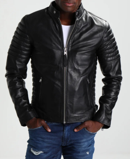 Charcoal Black Leather Cafe Racer Jacket