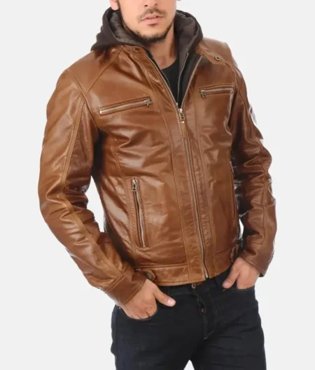 Eriko Hooded Cognac Buffalo Leather Jacket