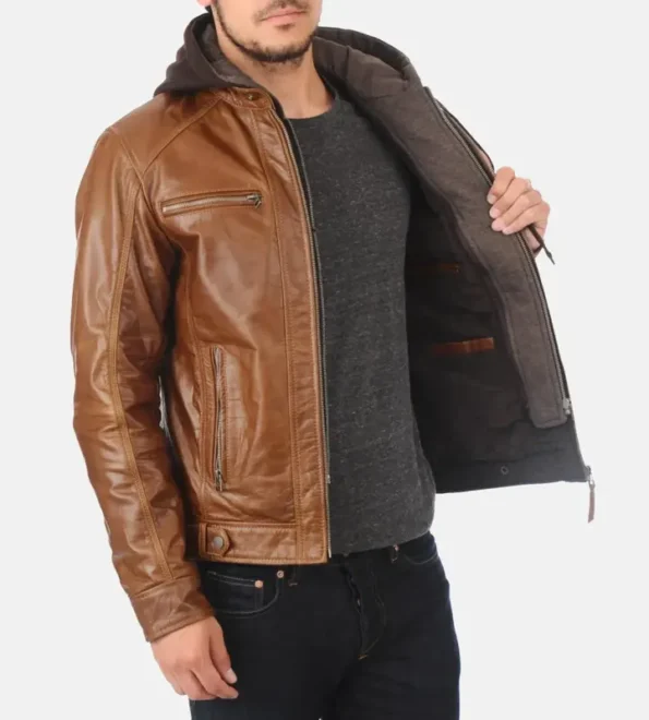 Eriko Hooded Cognac Buffalo Leather Jackets