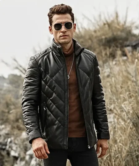 Houston Men’s Puffer Real Leather Jacket Stand Fur Collar