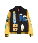 Ice-Cream Dollar Sign Wool Yellow Varsity Jacket For Men