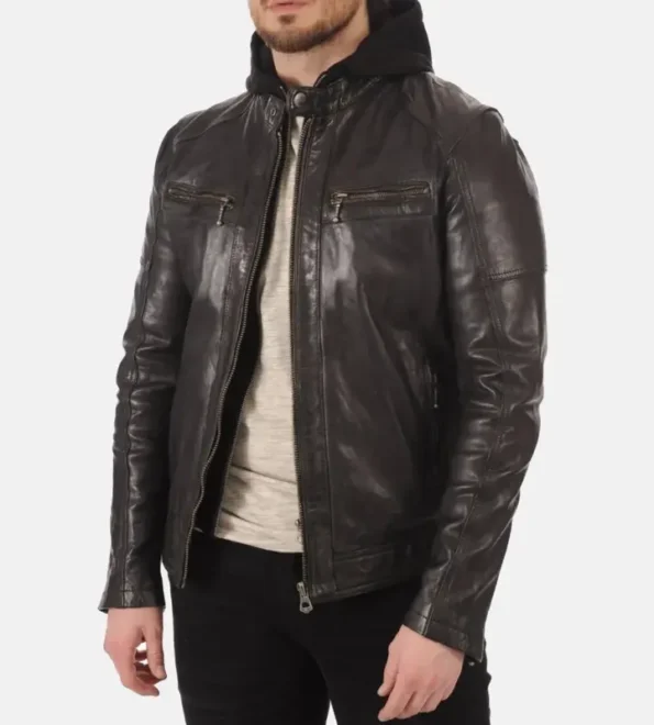 Men’s Athens Black Hooded Genuine Leather Jacket