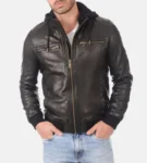 Men’s B-One Black Removable Hooded Leather Jacket