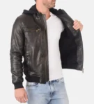 Men’s B-One Black Removable Hooded Leather Jacket