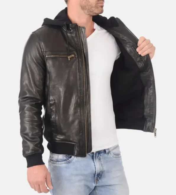 Men’s B-One Black Removable Hooded Leather Jackets