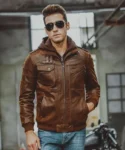 Men’s Brown Leather Moto Jacket with Removable Hooded