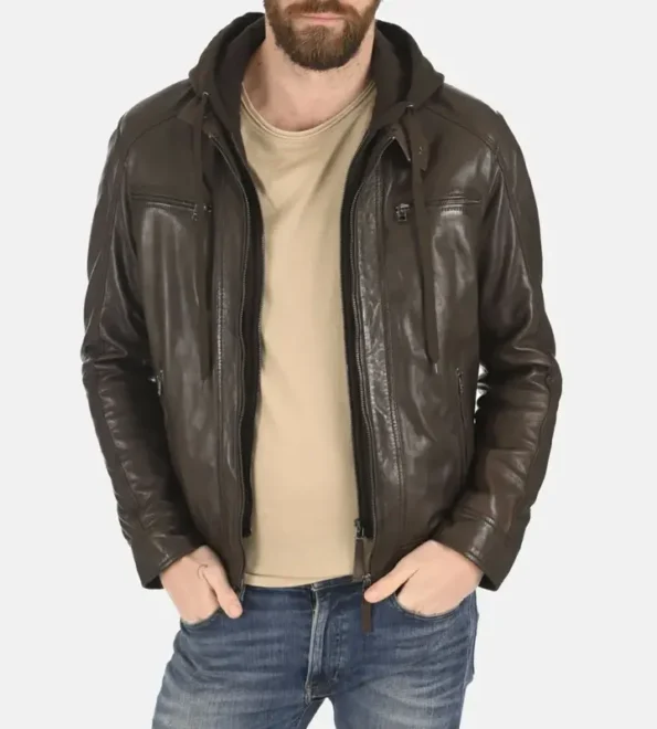 Men’s Erico Lifton Hood Chocolate Brown Lambskin Leather Jacket