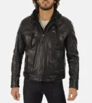 Men’s Eriko Black Hooded Genuine Lambskin Leather Jacket