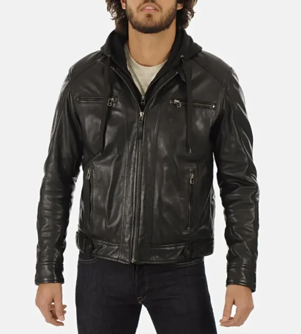 Men’s Eriko Black Hooded Genuine Lambskin Leather Jackets