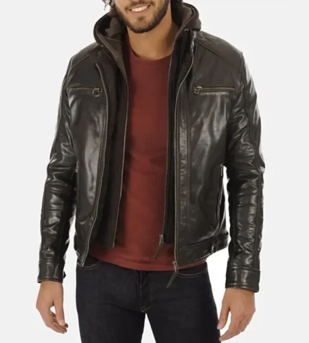 Men’s Eriko Brown Hooded Genuine Buffalo Leather Jacket