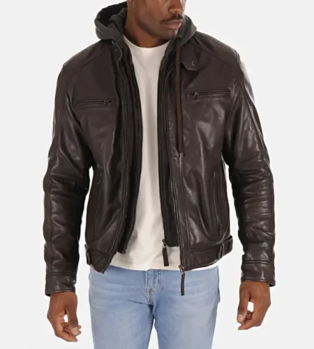 Men’s Eriko Dark Brown Hood Lambskin Leather Jacket