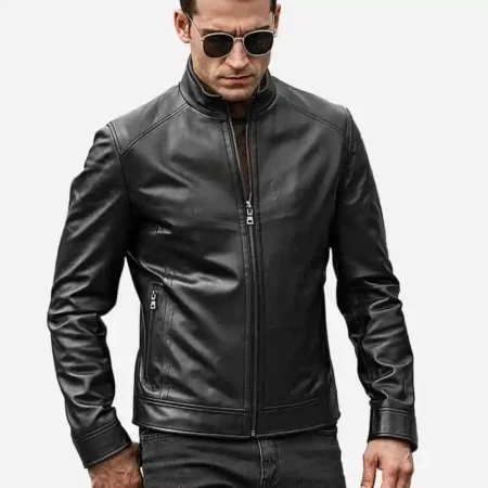 Men’s Real Black with Short Standing Collar Leather Jacket