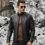 Men’s Real Black with Short Standing Collar Leather Jacket