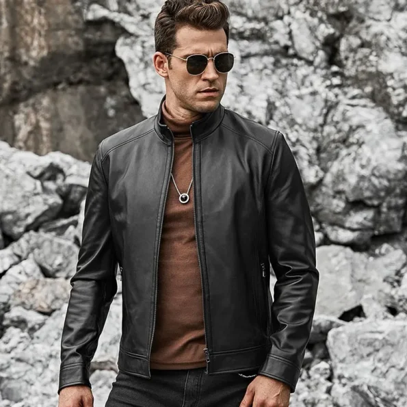 Men’s Real Black with Short Standing Collar Leather Jackets