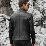 Men’s Real Black with Short Standing Collar Leather Jacket