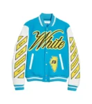 Off-White And Blue Soft Fabric Wool Varsity Jacket For Men