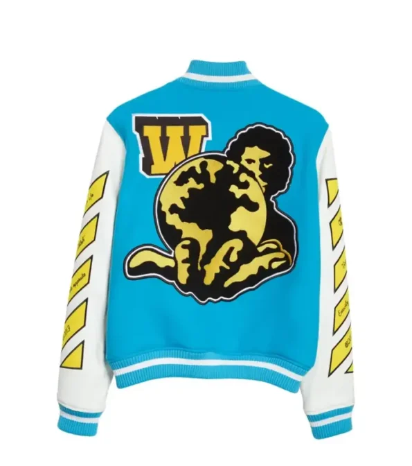 Off-White And Blue Soft Fabric Wool Varsity Jacket For Mens