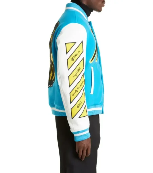 Off-White And Blue Soft Fabric Wool Varsity Jackets For Mens