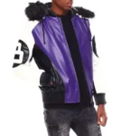 Purple 8 Ball Hooded Real Leather Bomber Jacket For Men