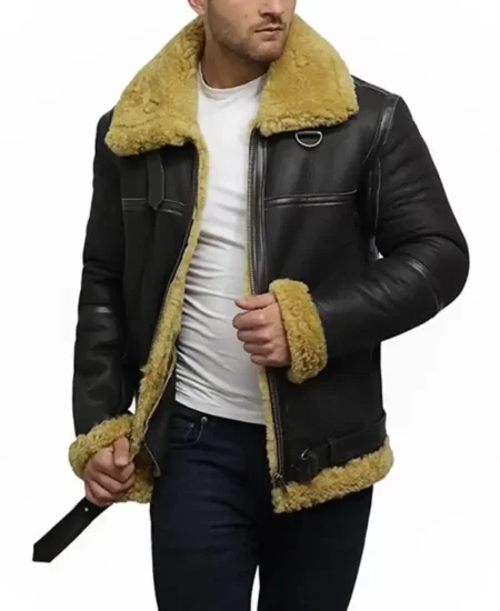 Real Shearling Lambskin Bomber Leather Jacket For Men